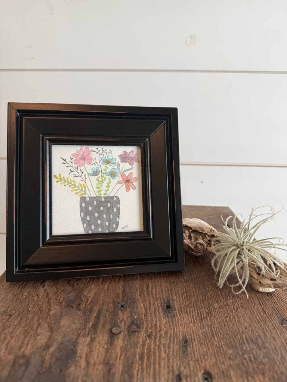 Hand crafted watercolor original 4x4 in black frame